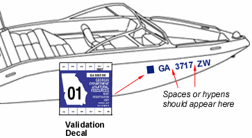 Image showing proper placement on a boat of the registration number and validation decal